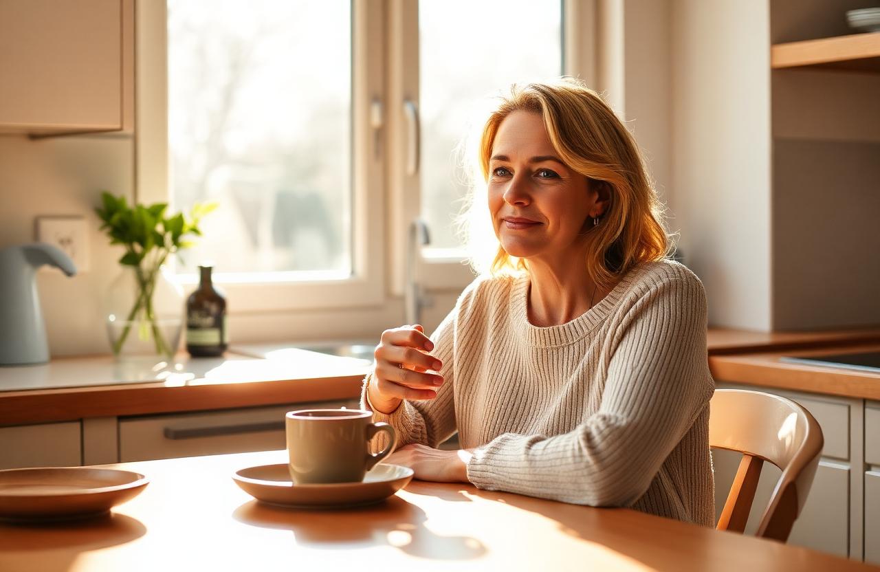 A calm woman at her kitchen table in morning light, holding a coffee mug
